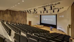 Tiered auditorium with brown seatings